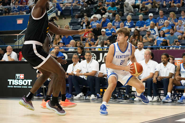 Jul 15, 2023; Toronto, Ontario, Canada; USA-Kentucky guard Joey Hart (20) looks to pass the ball against BAL Selects-Africa during the first half at Mattamy Athletic Centre. Mandatory Credit: John E. Sokolowski-USA TODAY Sports  